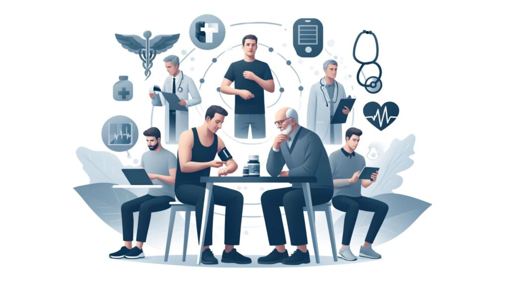 Men of different ages manage chronic conditions with healthcare consultations, medications, and fitness trackers.