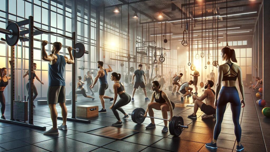 Diverse athletes engage in strength training with weights and resistance machines in a modern gym setting.