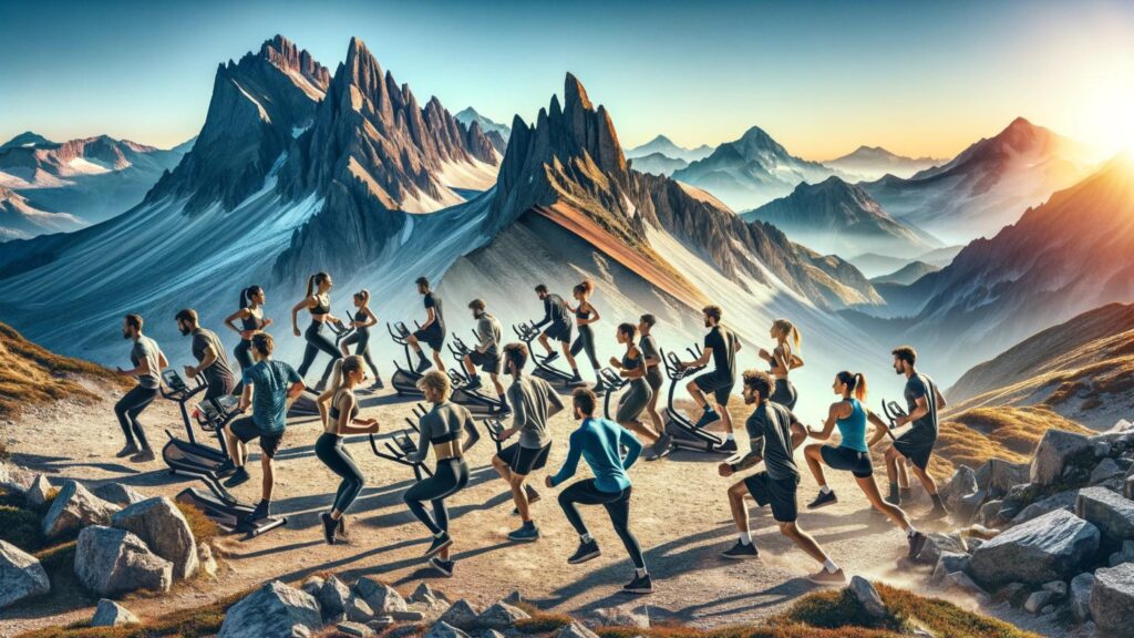 Diverse athletes engage in high-altitude cardio, surrounded by majestic mountain scenery, showcasing endurance.