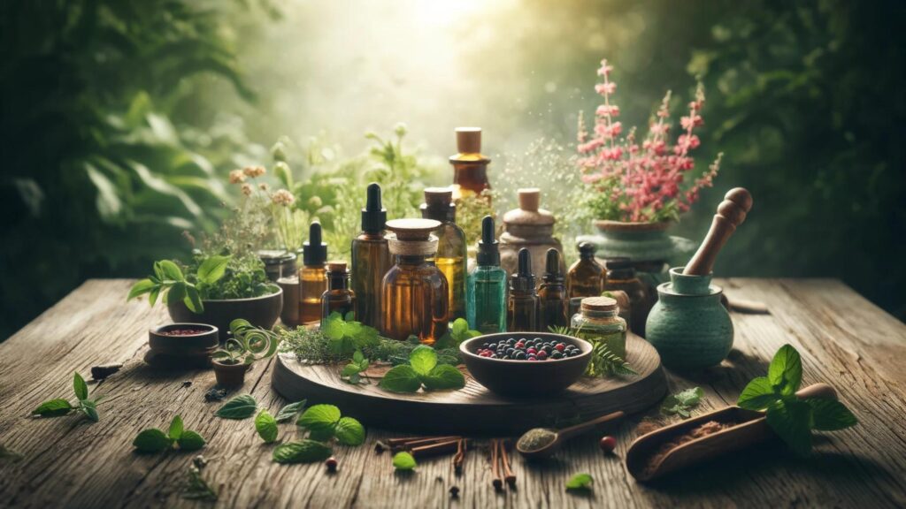 Natural Remedies: Herbs, essential oils, and herbal teas on a rustic wooden table, conveying natural healing.