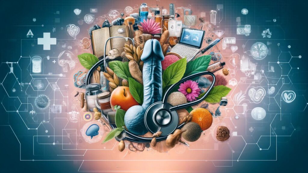Sexual Health: An image blending medical and holistic elements like books, herbs, and a stethoscope for health solutions.