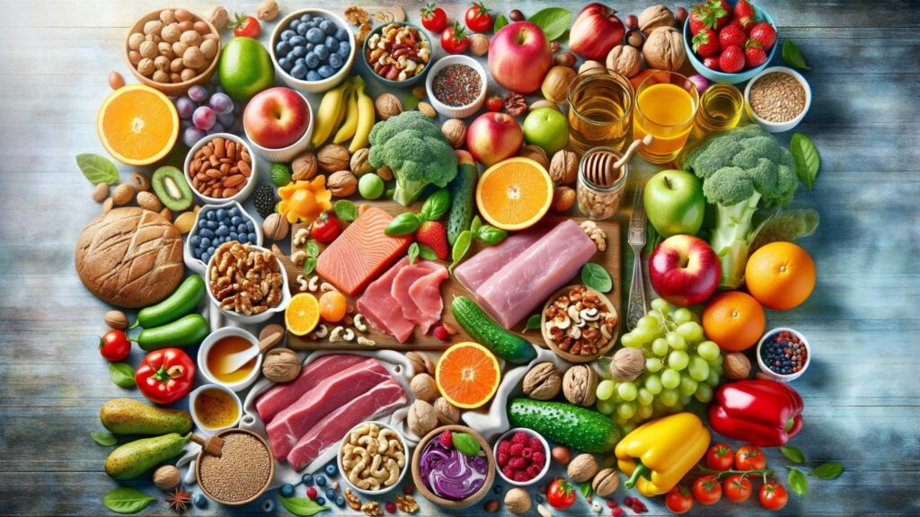 Healthy foods spread including fruits, vegetables, nuts, lean meats, and grains for enhancing men's health.