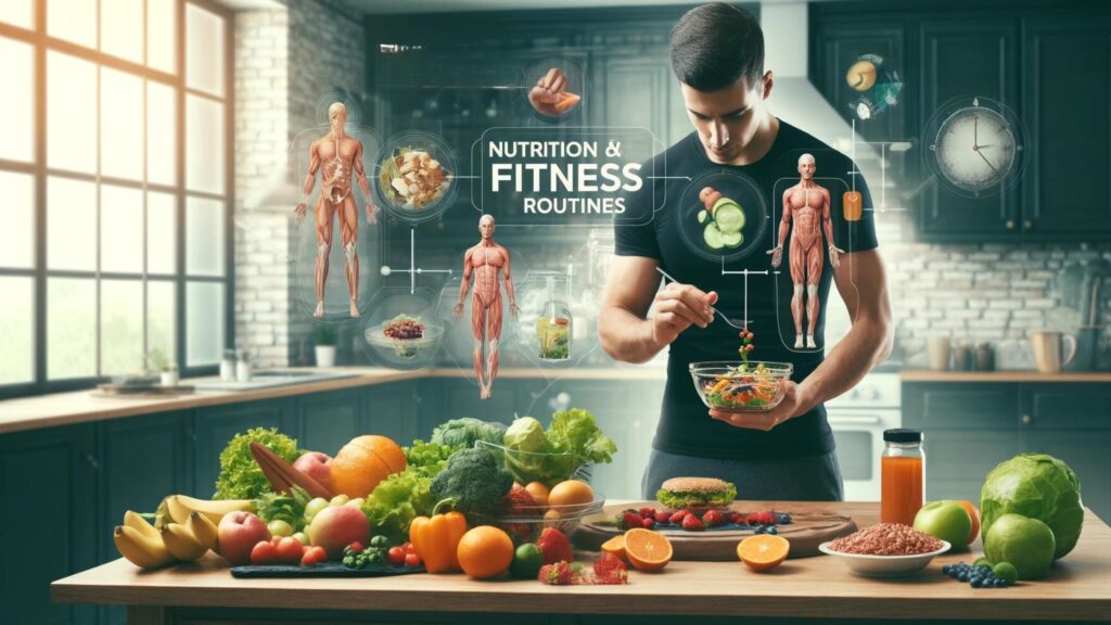 A nutritionist prepares balanced meals in a modern kitchen, surrounded by healthy foods and fitness equipment.