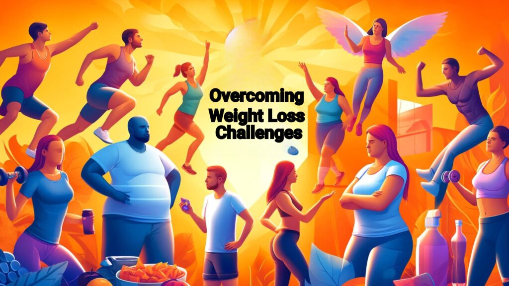 Diverse group overcoming weight loss challenges through exercise, healthy eating, and group support.