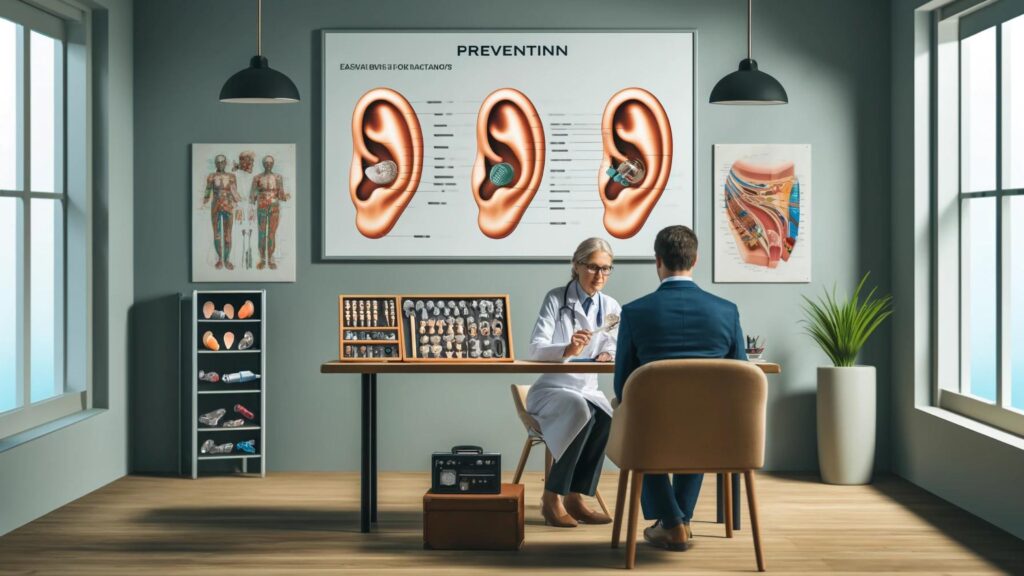 Doctor demonstrating ear protection techniques in a clinic with various hearing devices displayed.