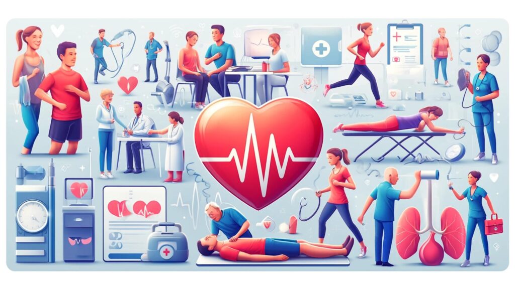 Dynamic scene showing heart health prevention and emergency care, including exercise, screenings, and CPR.