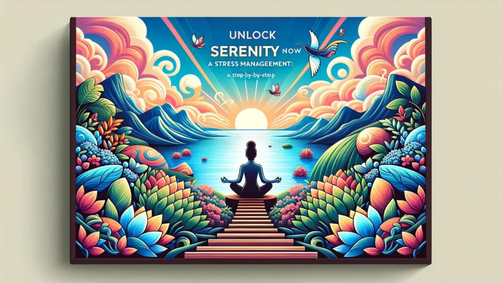 Professional cover image for 'Unlock Serenity Now: A Stress Management Guide,' featuring a serene landscape and symbols of mindfulness.