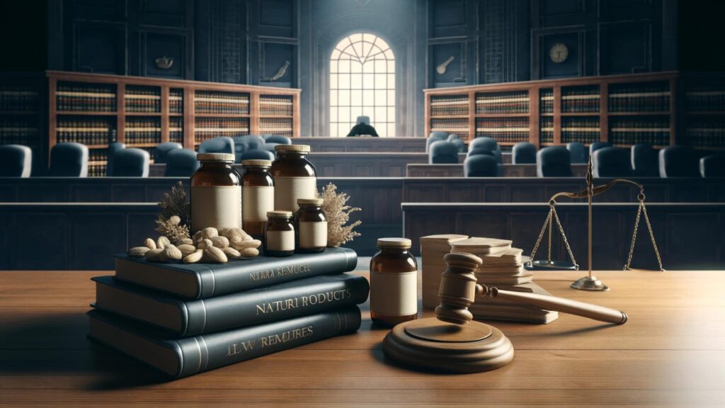 Legal books and documents on natural product regulations in a courtroom with a gavel and scales.