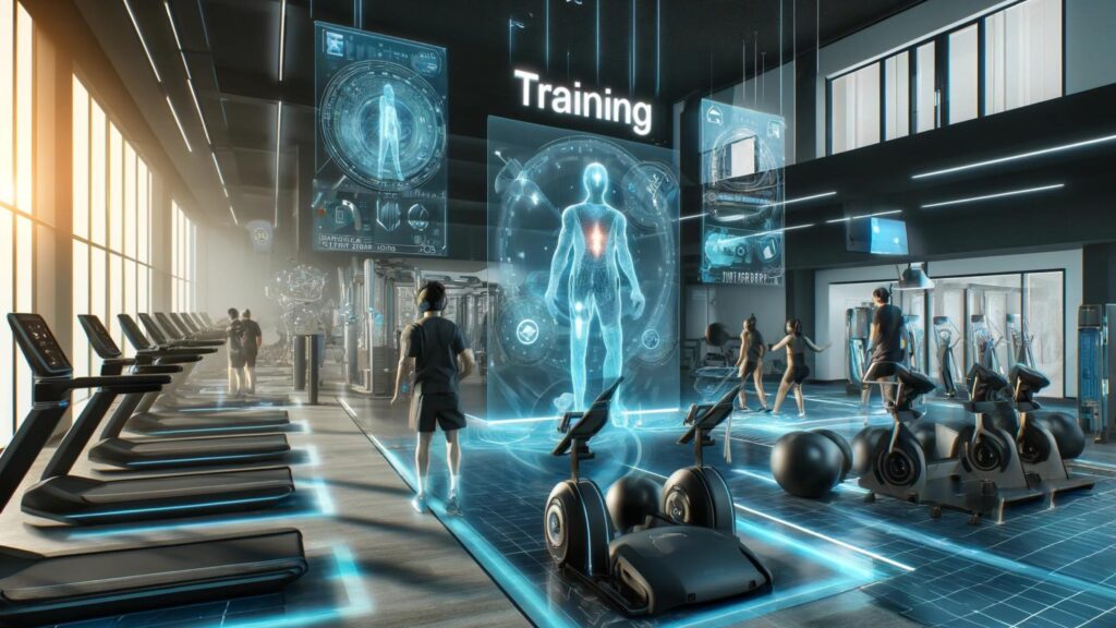 Futuristic fitness center equipped with VR stations, AI exercise machines, and wearable trackers for enhanced training.