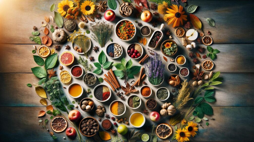 Seasonal natural remedies displayed: spring flowers, summer fruits, fall leaves, and winter roots in a vibrant array.