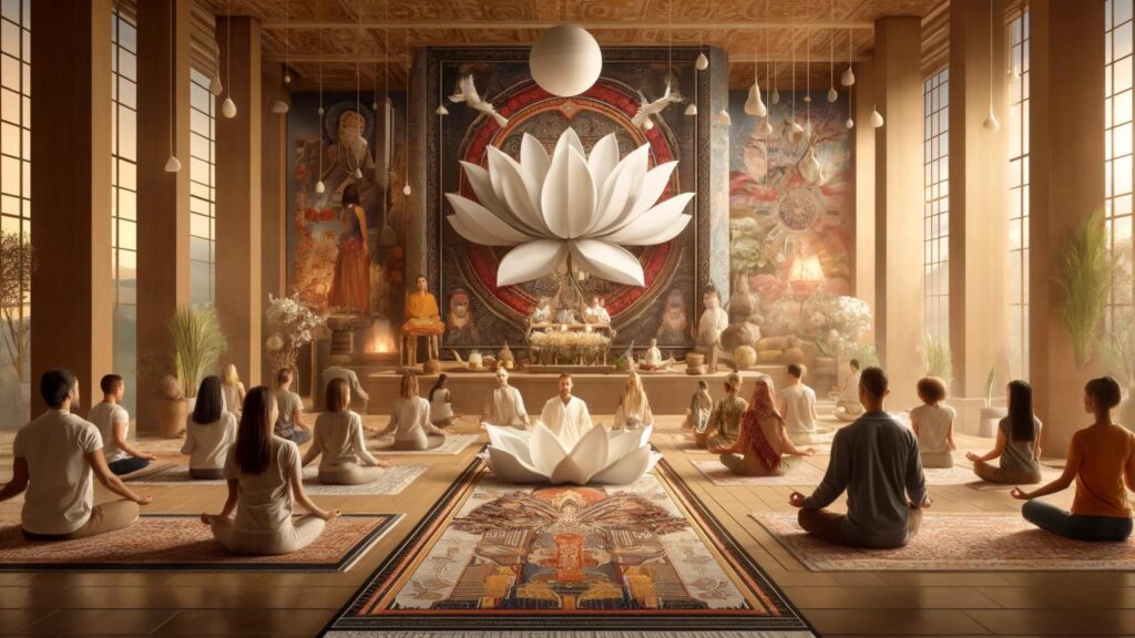Diverse group meditating in a room blending Eastern and Western spiritual decor.