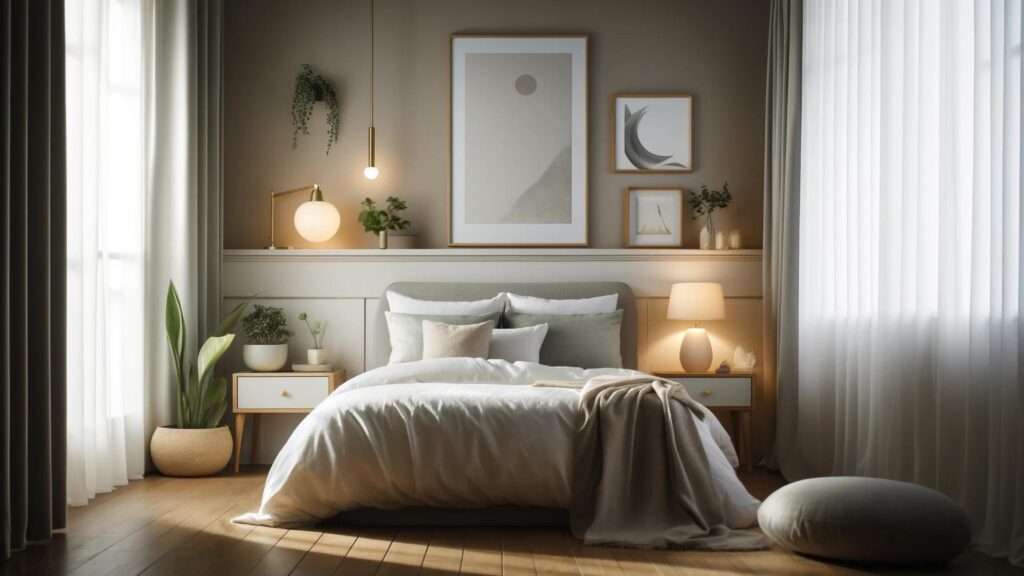 Serene bedroom optimized for sleep hygiene with soft linens, dim lighting, plants, and minimalist art.