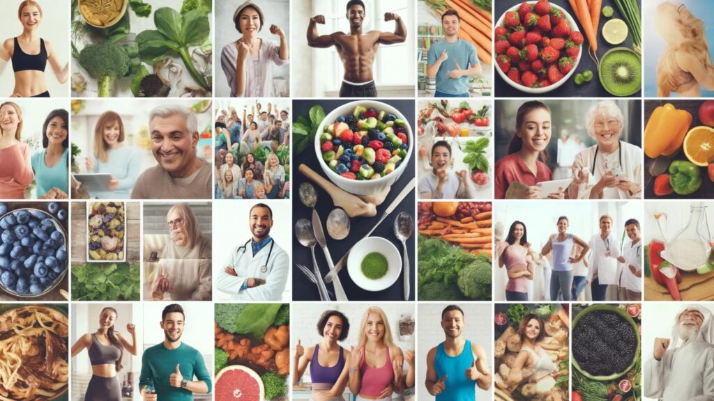Diverse individuals showcasing their health transformations with superfoods, exercising, and cooking.