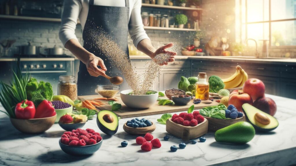 A person preparing a healthy meal with superfoods like quinoa, avocado, and berries in a modern kitchen.