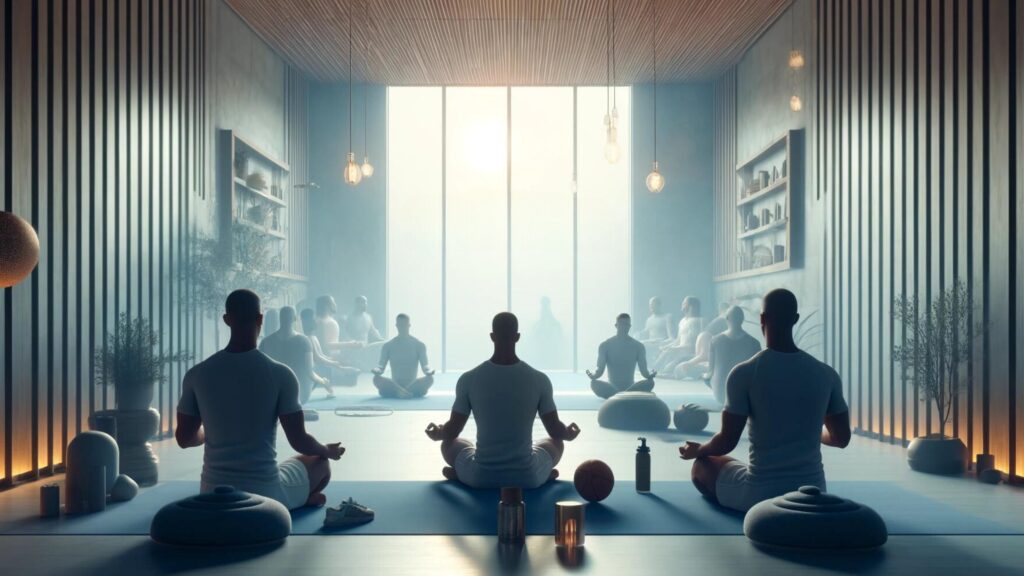 Athletes practice mental conditioning in a serene meditation room, enhancing focus and athletic performance.