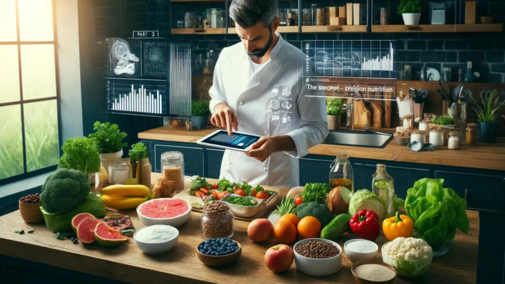 A nutritionist prepares healthy meals while consulting nutritional data on a tablet in a modern kitchen.