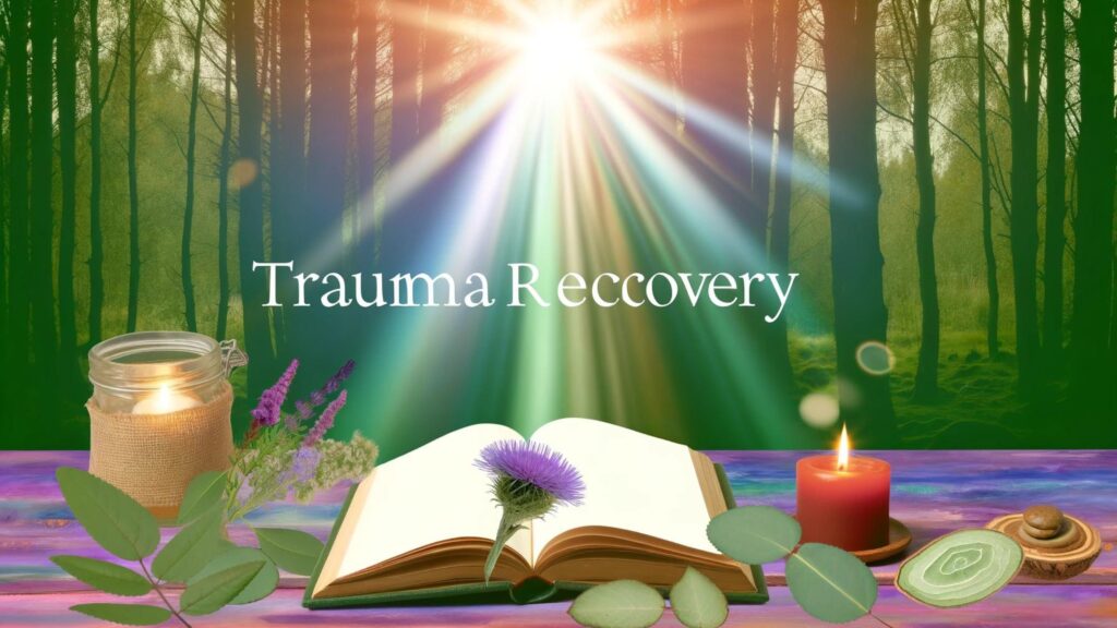 Reflective scene for Trauma Recovery featuring an open book and healing herbs in a serene forest.