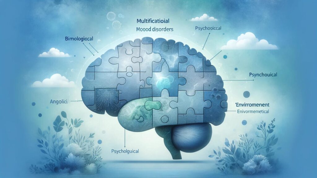 Educational image depicting a brain composed of puzzle pieces labeled with factors like Biological, Psychological, and Environmental.