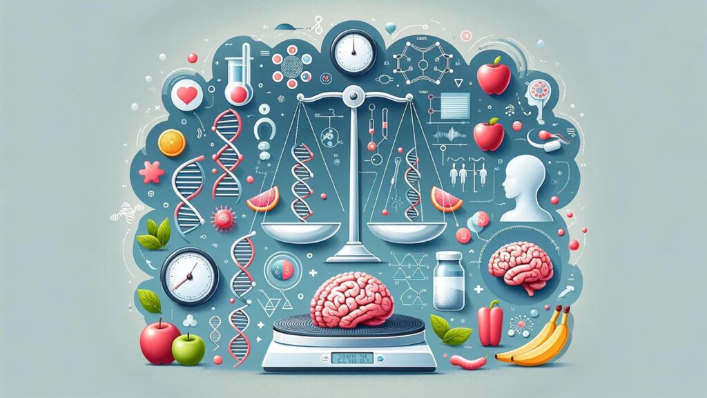 Infographic depicting weight loss fundamentals with scales, DNA, brain, and healthy foods.