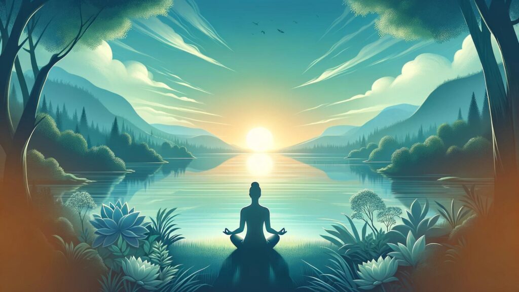 Yoga and Meditation: A tranquil scene of a person meditating by a lake at sunrise, evoking peace and serenity through yoga.