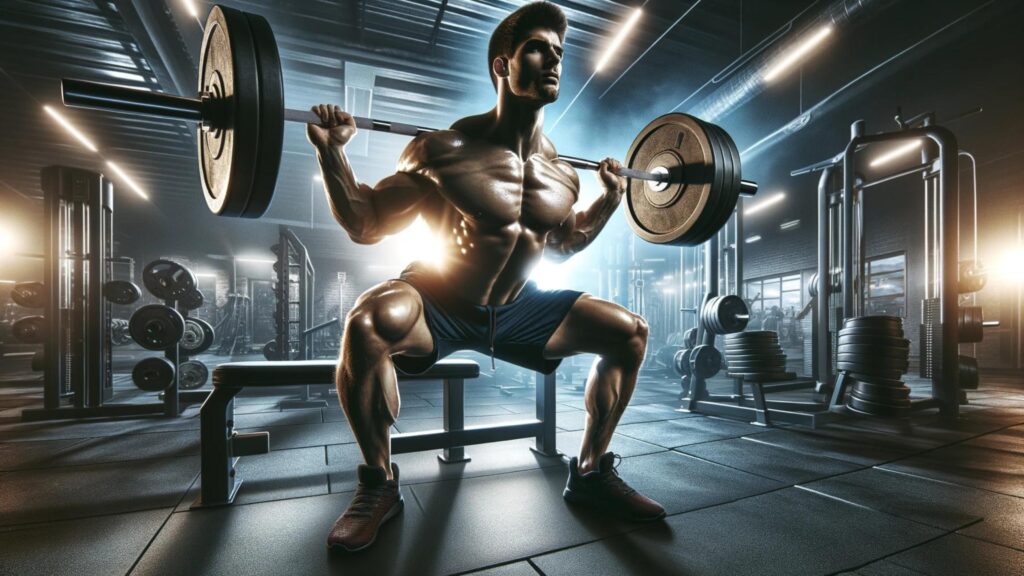Weight Training: A motivated athlete lifts weights in a modern gym, showcasing strength and muscle growth.