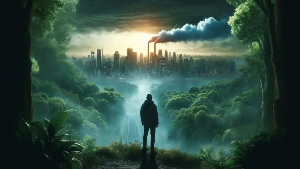 Mental Wellness: A person in a lush forest gazes at a polluted city skyline, illustrating eco-anxiety.