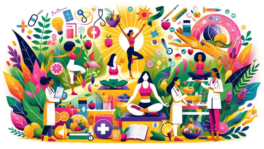 Women's Health: Diverse women engaging in health activities, including exercise and meditation, for a holistic health guide.