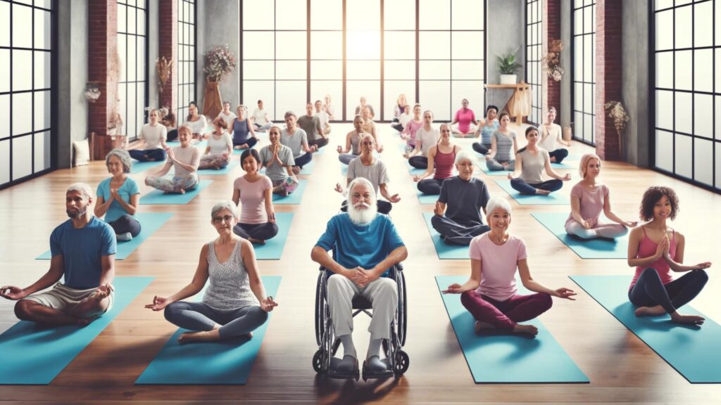 Inclusive yoga class with seniors, young adults, and a wheelchair user, reflecting diversity and accessibility.