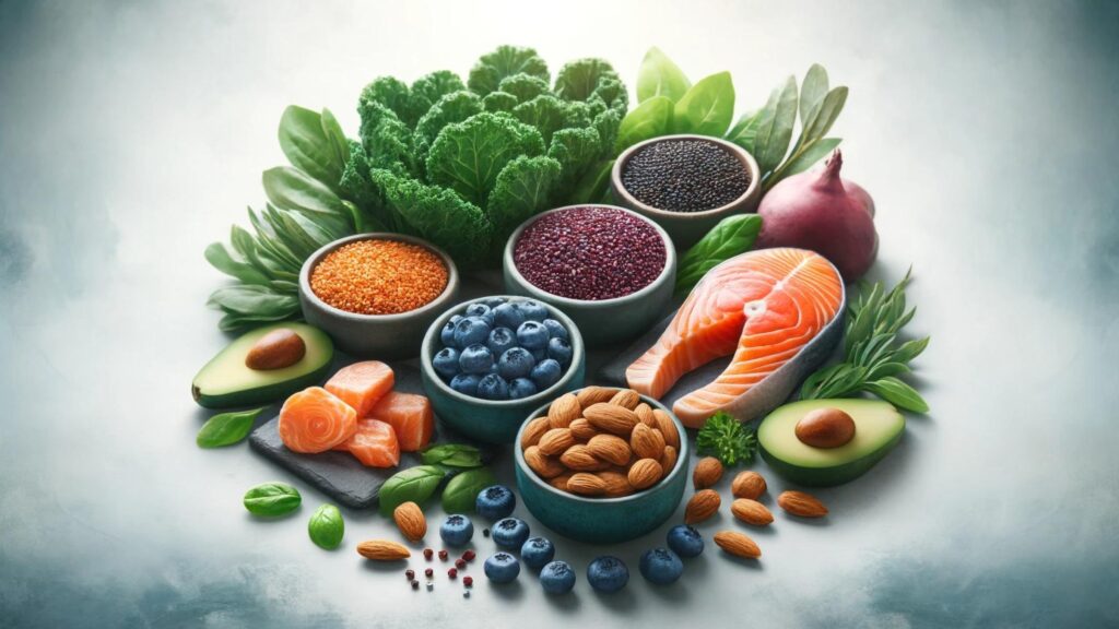 Athletic Diets: Six superfoods arranged on a clean background, highlighting kale, blueberries, quinoa, salmon, almonds, and sweet potatoes.
