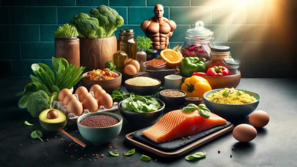 Diverse array of bodybuilding foods arranged in a modern kitchen setting.