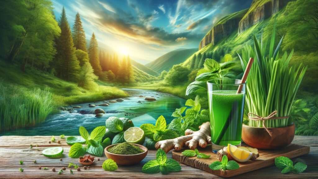 Detox Cleanse Secrets: Natural detox elements with herbs and green juice on a wooden surface by a river.