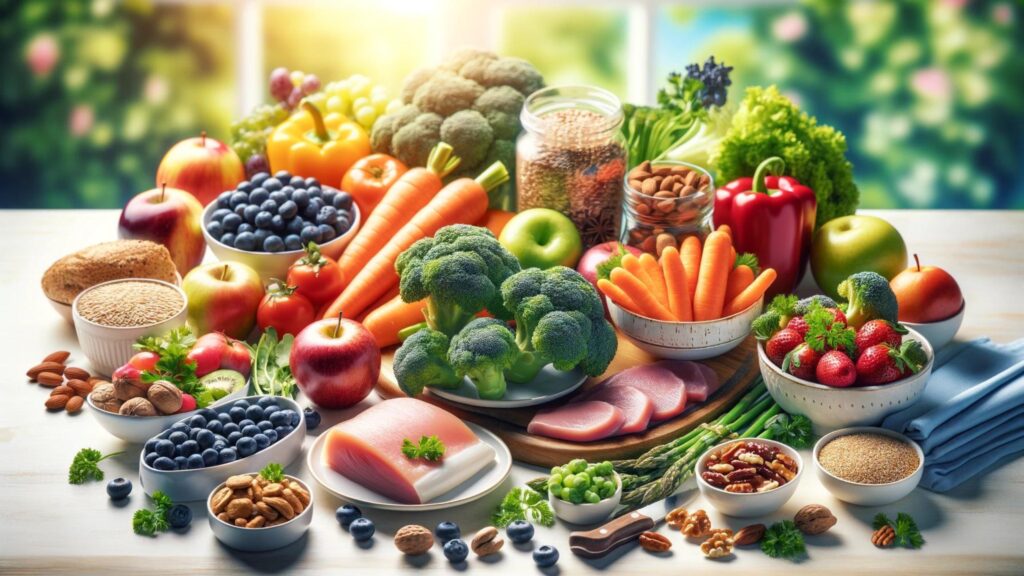Diabetic Diets: Assorted diabetic-friendly foods arranged on a table, showcasing fruits, vegetables, nuts, and grains.