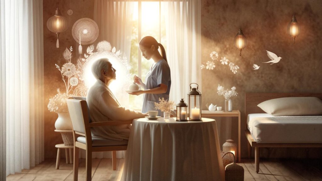 Serene end-of-life care scene with a senior and caregiver in a peaceful, sunlit room.
