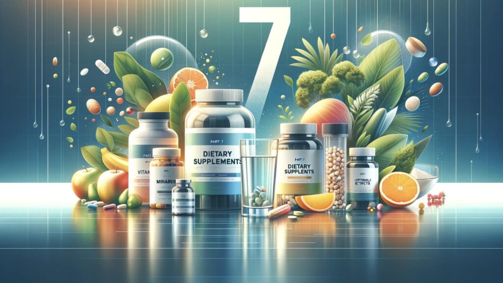 Array of dietary supplements with vitamins and herbal extracts, set against a backdrop of fresh fruits and water.