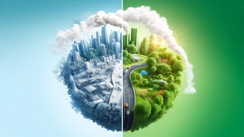 A split-view image contrasting a vibrant, clean environment with a polluted, unhealthy one, illustrating environmental impacts.