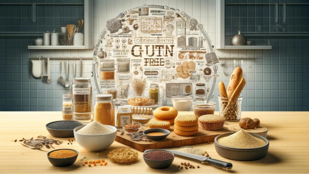 Variety of gluten-free grains and flours displayed in a modern, educational kitchen setting.