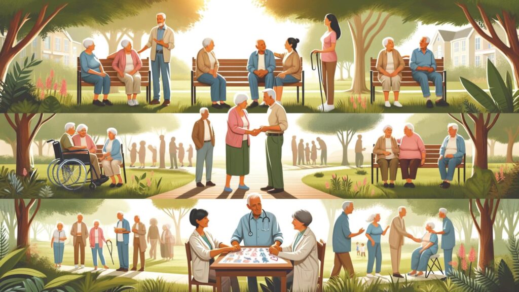 Senior Health: Senior couples engage in warm, supportive activities promoting intimacy in a serene park setting.