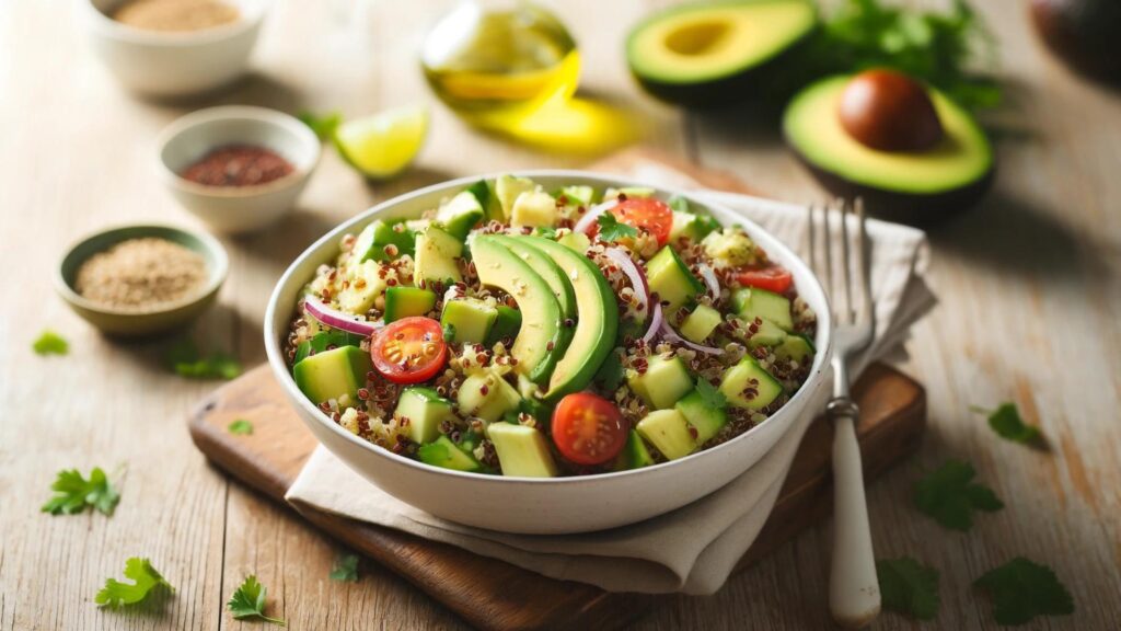 Fresh Avocado Quinoa Salad in a white bowl on a wooden table, dressed with lemon vinaigrette.
