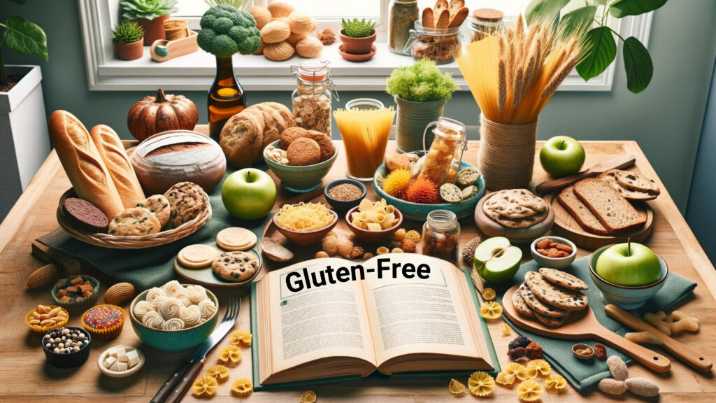 Gluten-free foods and a book with myths displayed in a bright, healthy kitchen setting.