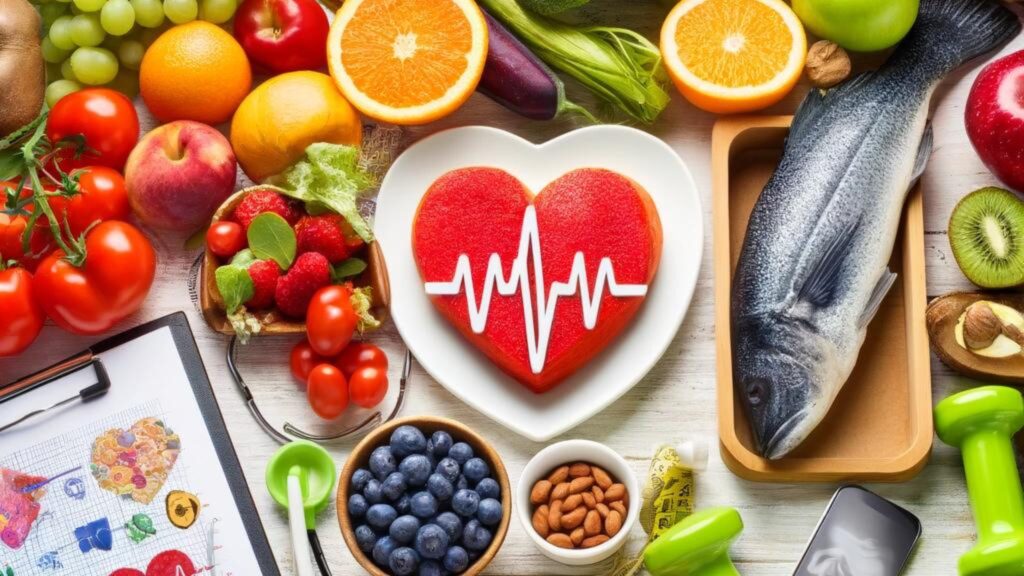 A variety of heart-healthy foods including fruits, vegetables, nuts, and fish, with an exercise setup.