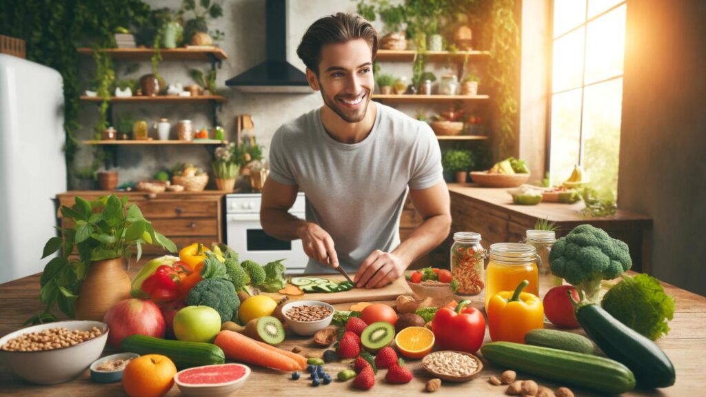 Low-Carb Diet: Fresh vegetables, fruits, nuts, and seeds on a wooden kitchen countertop with a person preparing a meal in the background.