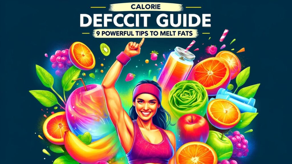 Calorie Deficit Guide: Healthy lifestyle concept with vibrant foods and a happy, fit individual exercising.