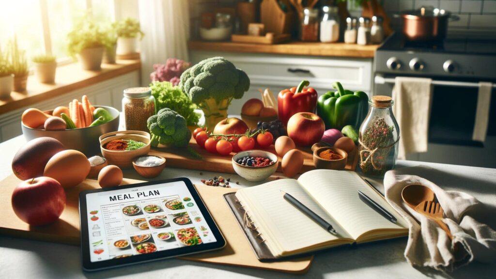 Meal Planning Mastery: Bright kitchen with fresh ingredients and a meal plan notebook, evoking efficient, healthy meal preparation.