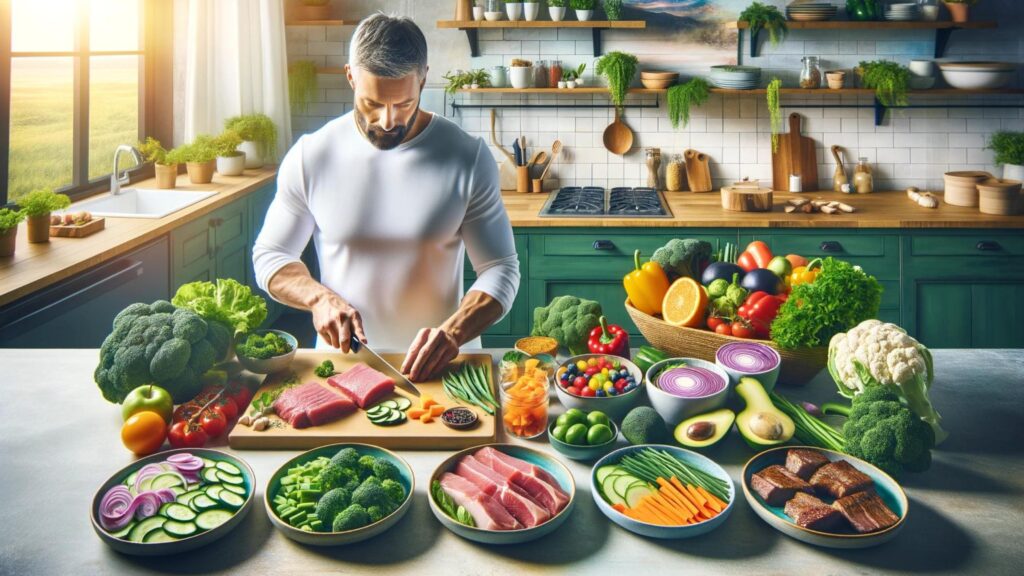 Paleo Recipes: Chef preparing Paleo meals with fresh vegetables, lean meats, and fruits in a sunlit kitchen.