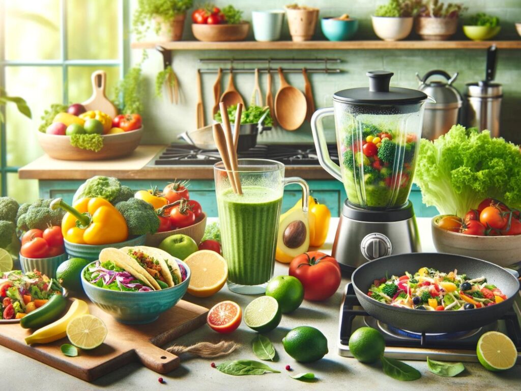 Bright kitchen scene with fresh veggies and fruits, a green smoothie, vegan taco salad, and stir fry cooking.