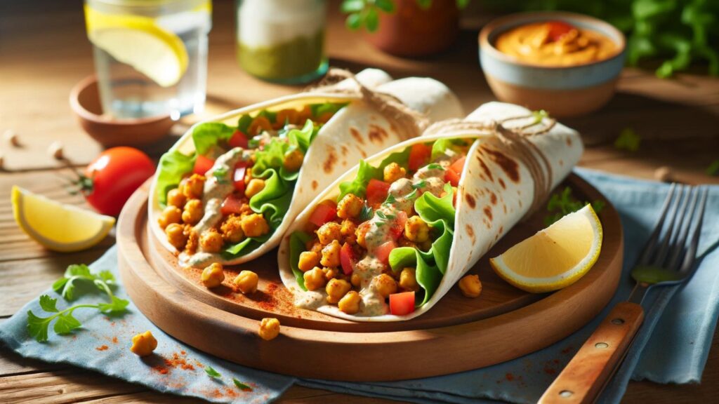 Vegan Meals: Spicy chickpea wraps on a wooden table with fresh lettuce, tomatoes, and creamy vegan sauce, accompanied by lemon water.