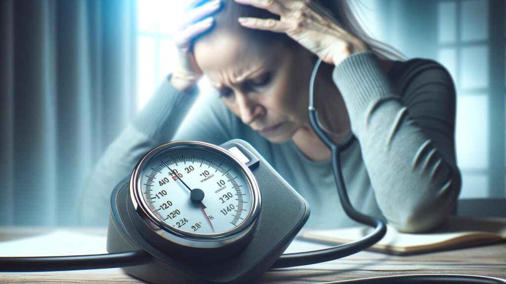 Blood Pressure Beware: Conceptual image of a woman with headache and high blood pressure readings, emphasizing health risks.