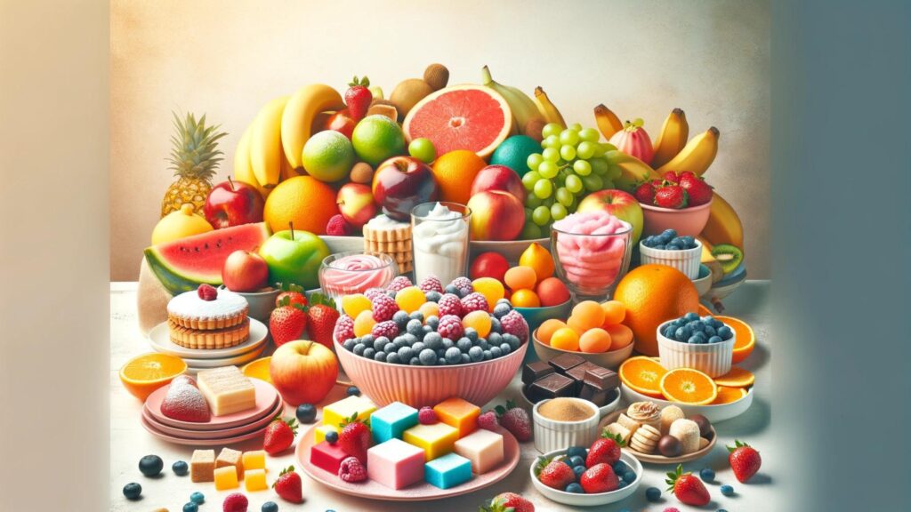 Assortment of sugar-free foods including fruits and desserts on a clean table.