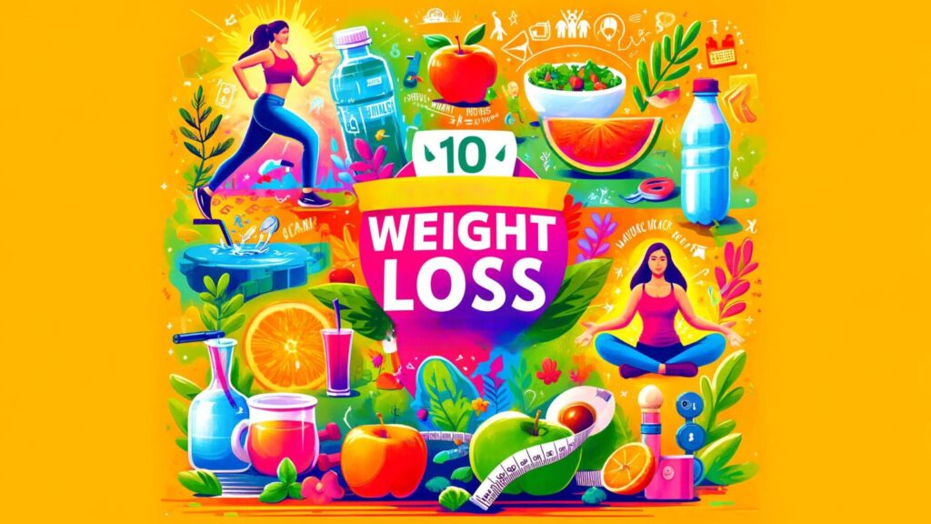 A colorful collage displaying jogging, salad preparation, drinking water, and yoga for weight loss hacks.