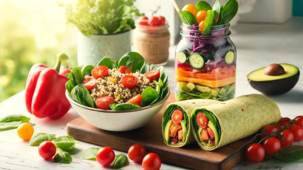 Vegan Meals: Colorful vegan lunches: quinoa salad, vegetable wrap, layered mason jar salad in a sunny kitchen.